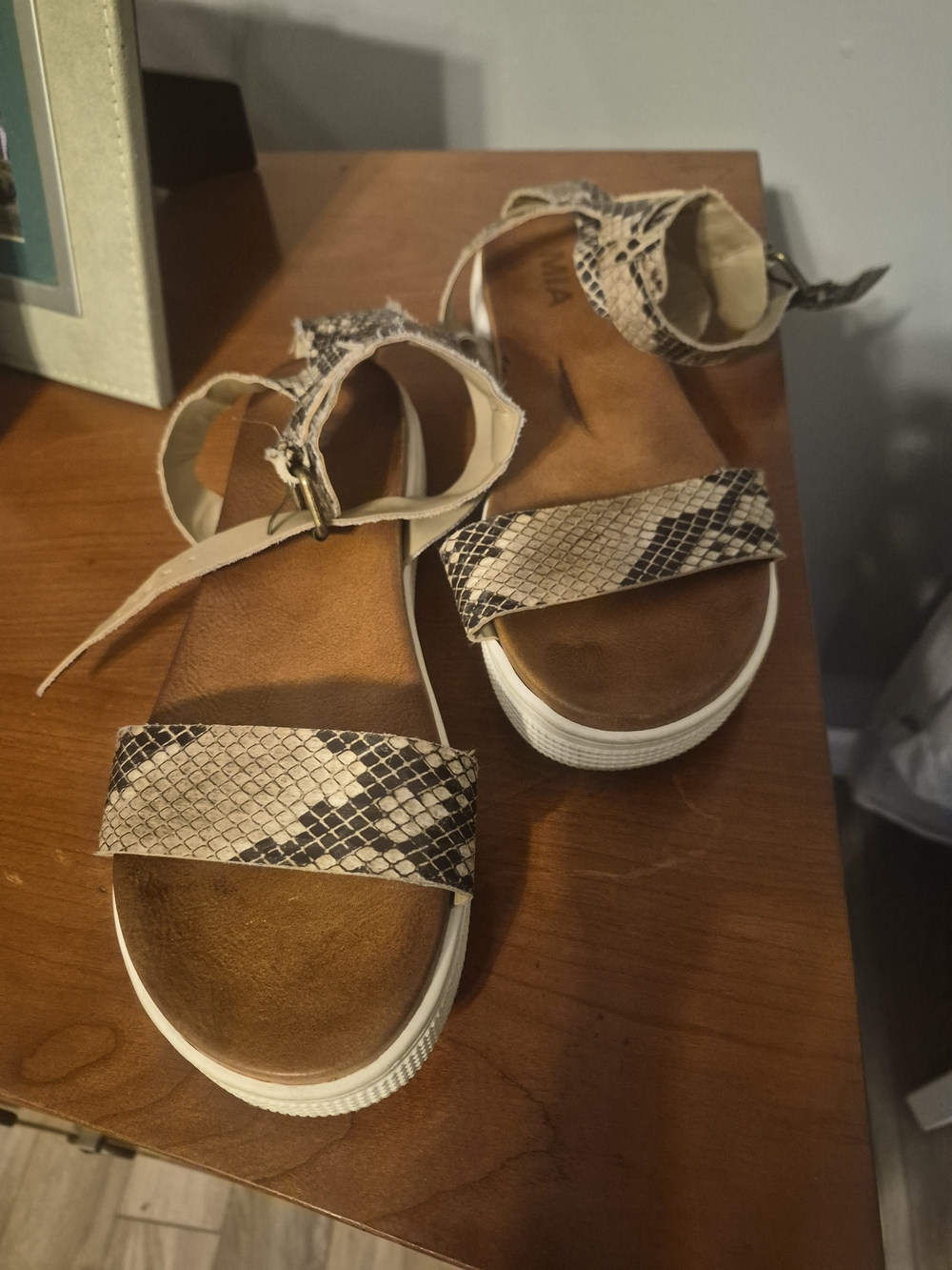 MIA Snake-Print Ankle Strap Sandals in Beige and Black